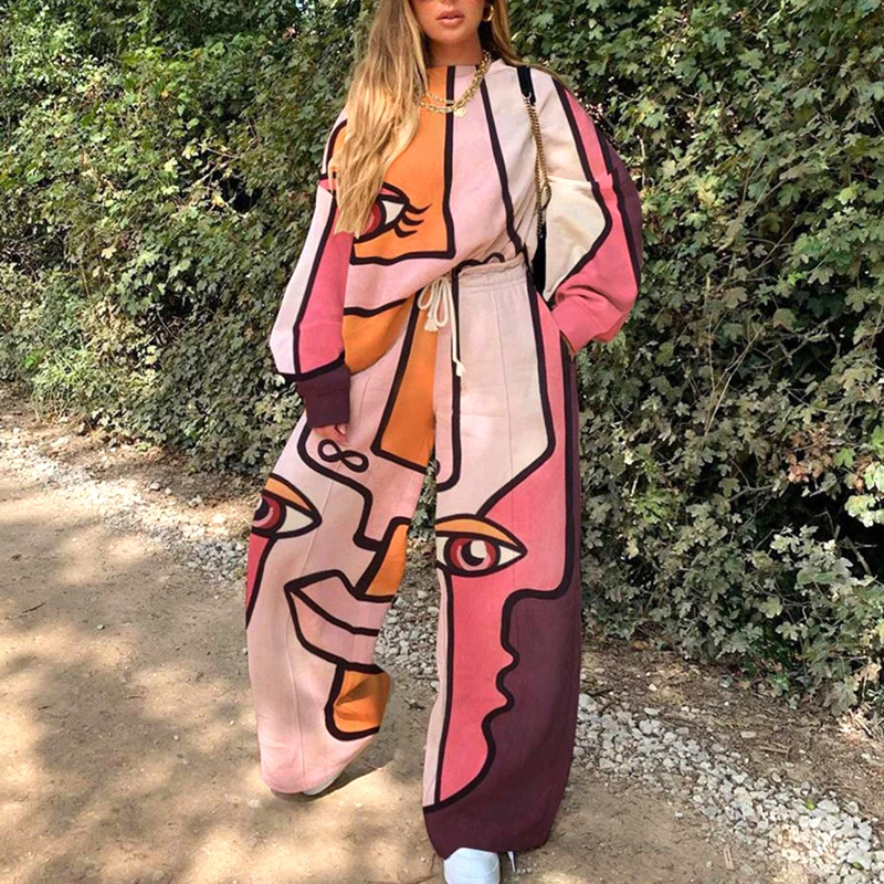 

2020 Autumn Abstract Print Women 2 Piece Set Casual Loose O Neck Sweatshirt And Drawstring Pants Suits Ladies Harajuku Tracksuit