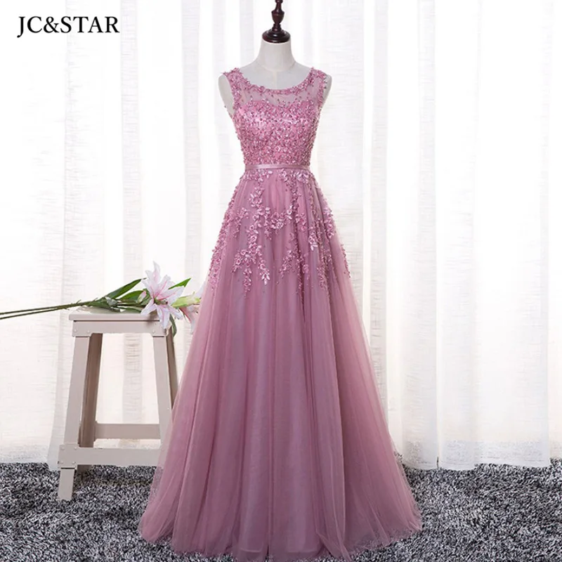 

dusty pink wedding party dress O Neck tulle beaded A Line bohemian wedding bridesmaid dress long vestido de festa de casamento