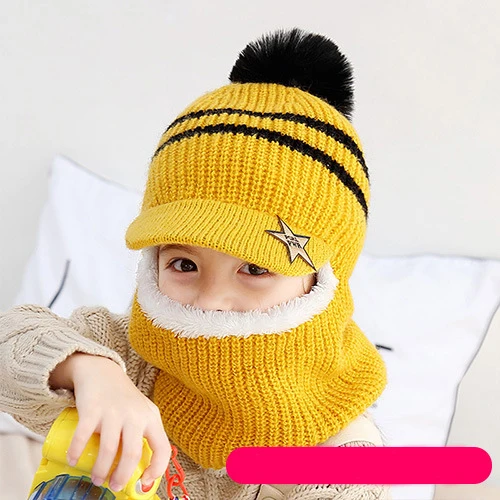 Yellow Зимняя детская шапка, шарф, модные вязаные От 2 до 5 лет, детские шапки для мальчиков и девочек, теплая хлопковая шапочка, шапки, ветрозащитная шерстяная детская шапка, шарф - Цвет: Yellow