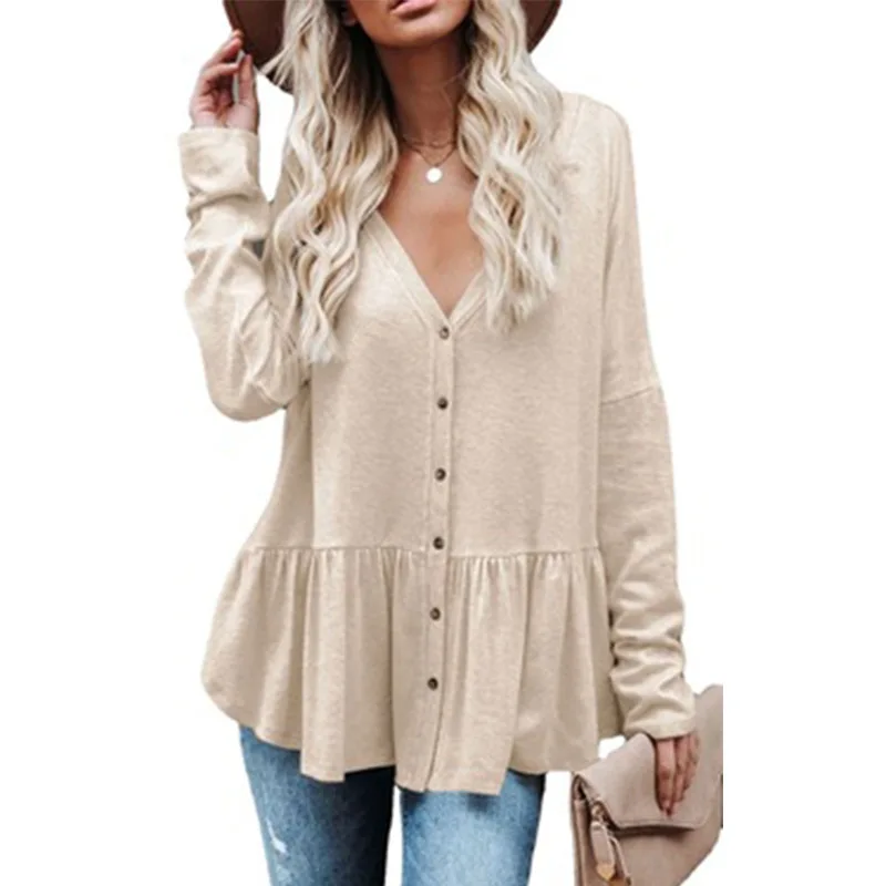 Xl Women's Coat Buttoned Cardigan Thin Coat Women's Solid Color Button Irregular Pleated Hem Long Sleeve Top Plus Size