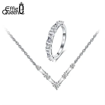 

Effie Queen Trendy 925 Silver Necklace Finger Ring Jewelry Set with Silver Crystal Stone AAAA Zircon Jewelry Wedding Gift DSS54