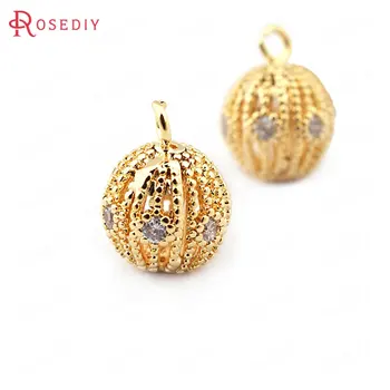 

(33698)6PCS 10*7MM 24K Gold Color Brass with Zircon Ball Charms Pendants High Quality Diy Jewelry Findings Accessories wholesale