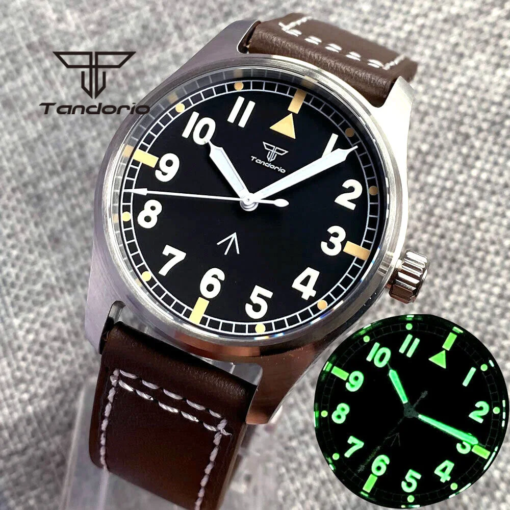 

Tandorio 39mm Automatic Men's Watch PT5000 NH35 20ATM Sapphire Glass Green Lume Dial Arabic Markers Brushed Case Leather Strap