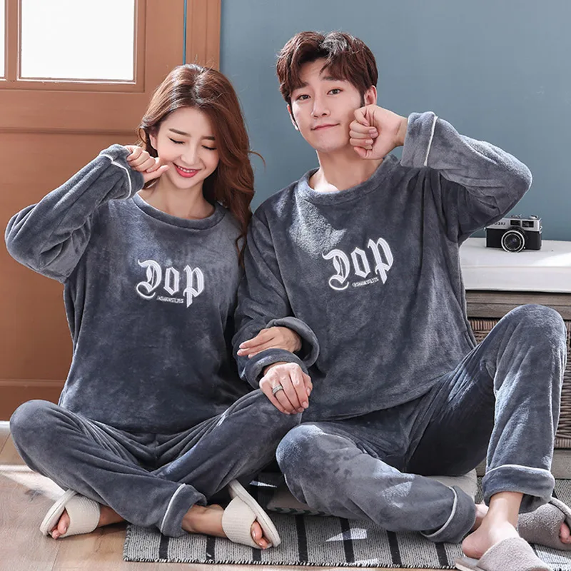 Aolamegs Men Pajamas Set Letter Embroidery Fleece Sleepwear Soft Warm Thick Plus Size Simple Style Couple Flannel Pajamas Winter Aolamegs Men Pajamas Set Letter Embroidery Fleece Sleepwear Soft Warm Thick Plus Size Simple Style Couple Flannel Pajamas Winter