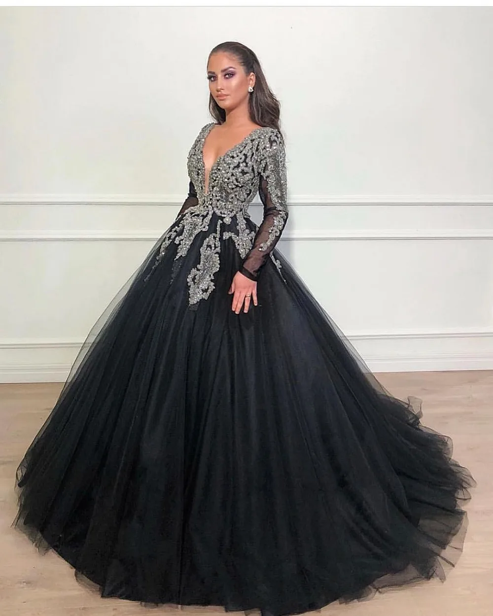 Robe De Soiree Элегантное Длинное Вечернее платье с v-образным вырезом кисейные Аппликации вечернее платье с бисером с длинными рукавами Формальное вечернее платье