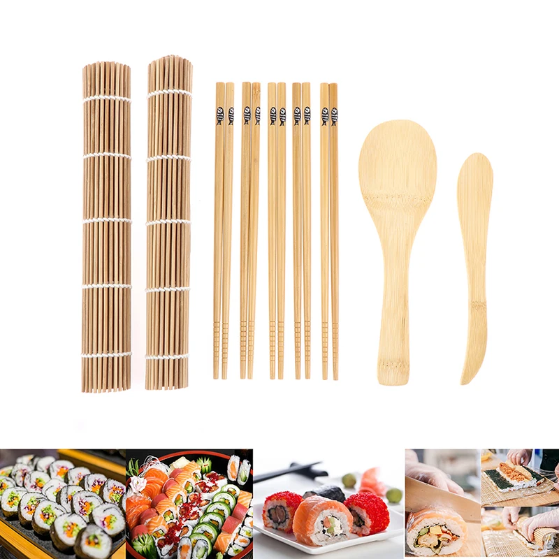 DIY Bamboo Sushi Making Kit 2 Rolling Mats 5 Pairs Chopsticks Rice Spreader Set 
