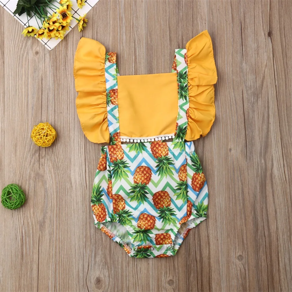 Коллекция года, летняя одежда для малышей Одежда для новорожденных девочек рюшевые боди с фруктовым принтом, лоскутный комбинезон с открытой спиной, наряды, пляжный костюм