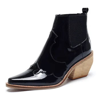 

Fashion Spring Autumn Leather Ankle Boots Retro Sewing Patchwork Martin Shoes Women Concise Cozy Elastic Band Pointed High Heels