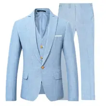 Новинка, небесно-голубой льняной мужской костюм, новейший дизайн, приталенный Свадебный костюм, 3 шт, на заказ, для выпускного, повседневный смокинг, мужские костюмы