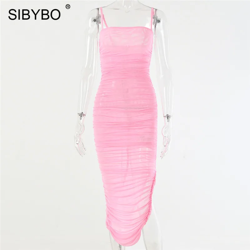 Sibybo, Сетчатое прозрачное сексуальное длинное платье с разрезом, вечерние платья на бретельках, платье макси без рукавов, летнее облегающее платье с открытой спиной для женщин - Цвет: Розовый