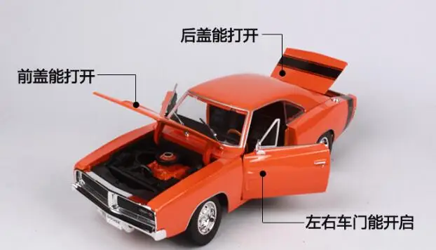 Детские машинки, 1:18, модель машинки, литая под давлением, 1969 сплав, автомобильное зарядное устройство, R/T, черный/оранжевый цвет, Коллекционная Коллекция