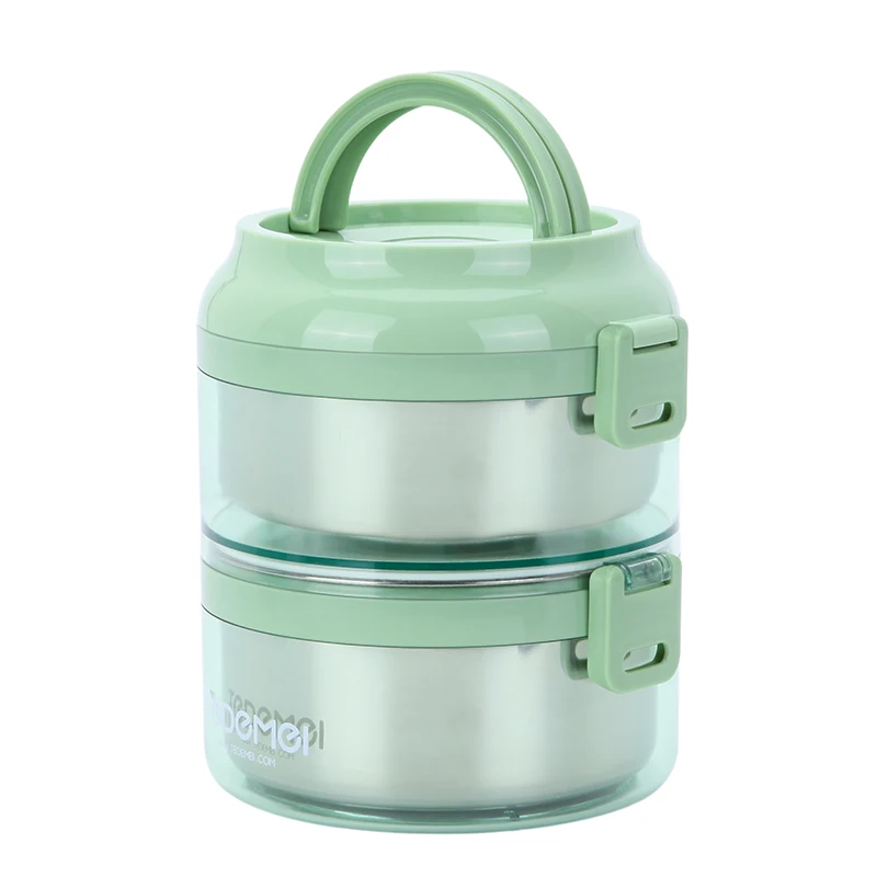 Green Ланч-бокс новейший из нержавеющей стали Bento Snack box двухслойный контейнер для еды офисный школьный ящик для хранения с ручкой - Цвет: Green