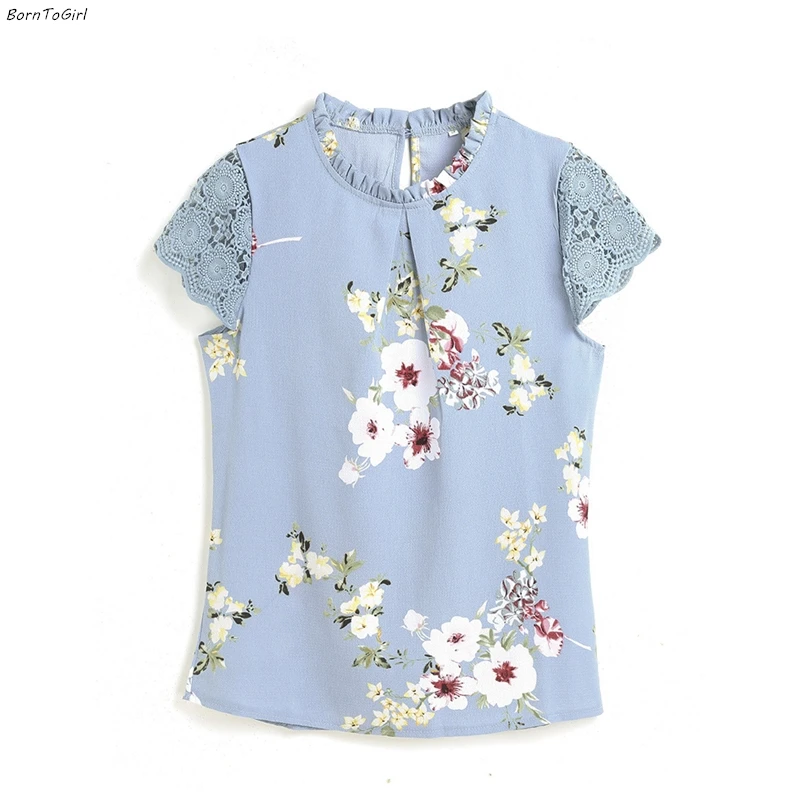 

BornToGirl 2020 Summer Women Sweet Chiffon Short Sleeve Round Neck Lace Stitching Forals T Shirts