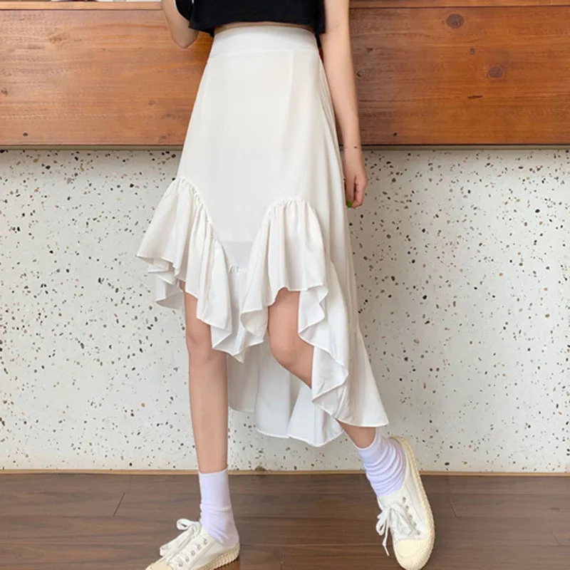 

Mermaid Skirt Women Black White Ruffles Irregular High Waist Long Skirt Korean Lolita Summer Skirt Kawaii Gothic Vintage X209