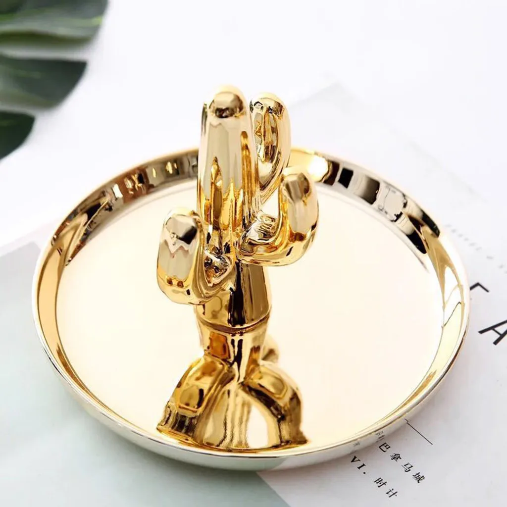 Gold Лоток для хранения ювелирных изделий, кактус, дизайн, позолоченные ювелирные изделия, тарелка для домашнего рабочего стола, декоративная тарелка, кольцо для хранения ювелирных изделий - Цвет: Gold