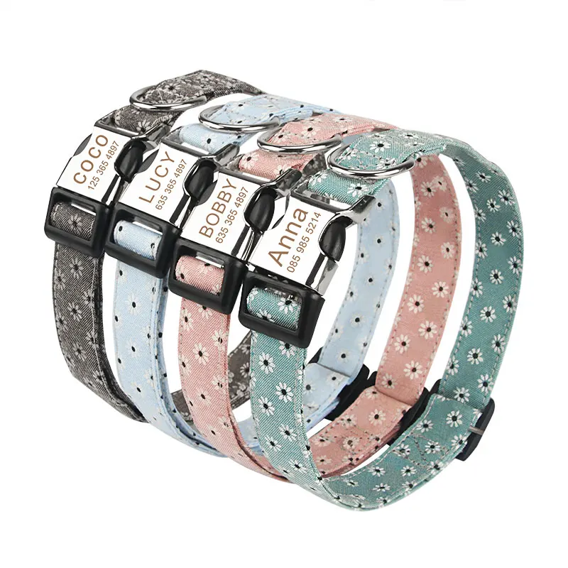 Dog Collar Pet Collar Customized Pet Collar Flower Dog Collar Engraved Tag ID Name Puppy Collars for Small Medium Large Dogs Pug