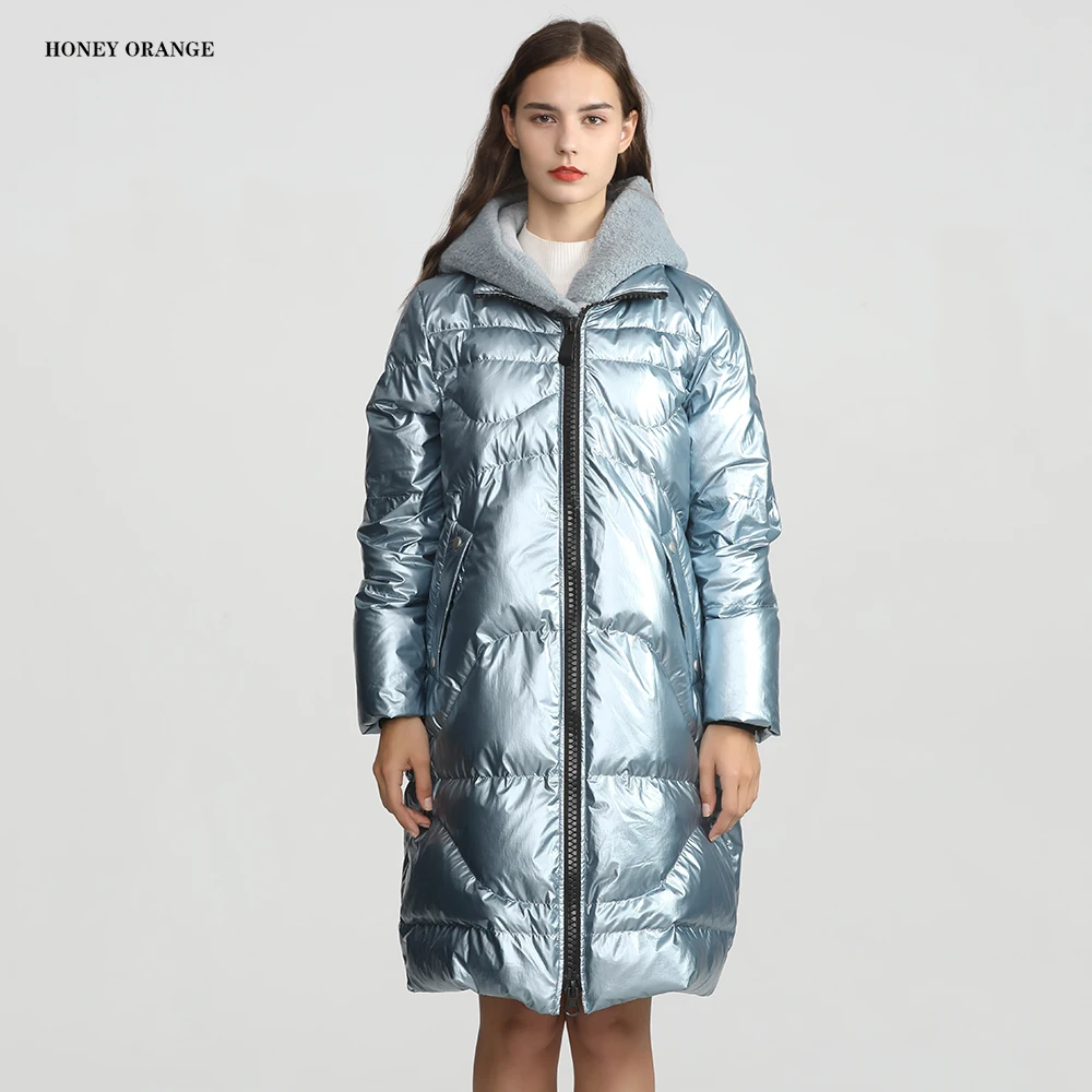 Light blue Пуховик женский зимний глянцевый металлик серебристый пуховик с капюшоном длинный Свободный Повседневный Толстый водонепроницаемый Парка женская зимняя верхняя одежда - Цвет: Light blue
