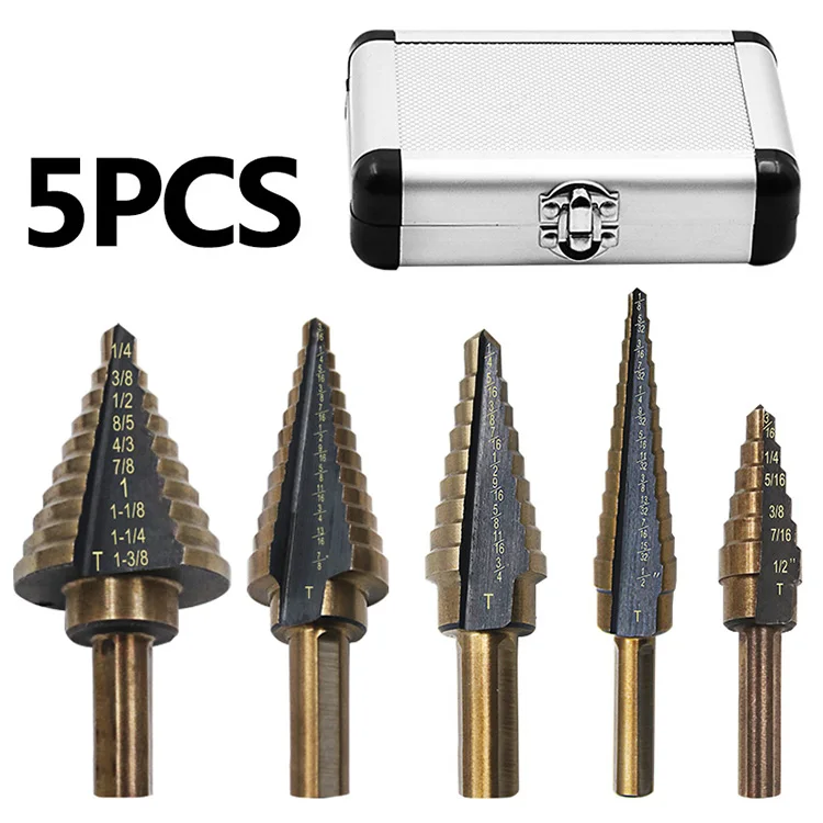 Juego de brocas Drill escalonadas de acero de alta velocidad, de cobalto, titanio HSS, 5 piezas