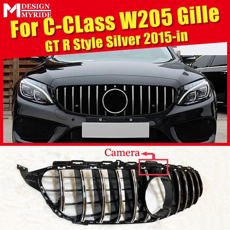 

Fit For W205 Front Grille GTS Style with Camera C-Class W205 Sports C180 C200 C250 ABS Silver Sport Front Bumper Grille 2015-in