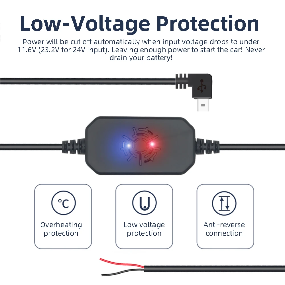 AZDOME 12/24 В до 5 В пост 3A мини USB проводной Kit DVR Мощность кабель с адаптером для M11 M06 GS63H PG01 PG02 Dash Cam низкая Напряжение защиты