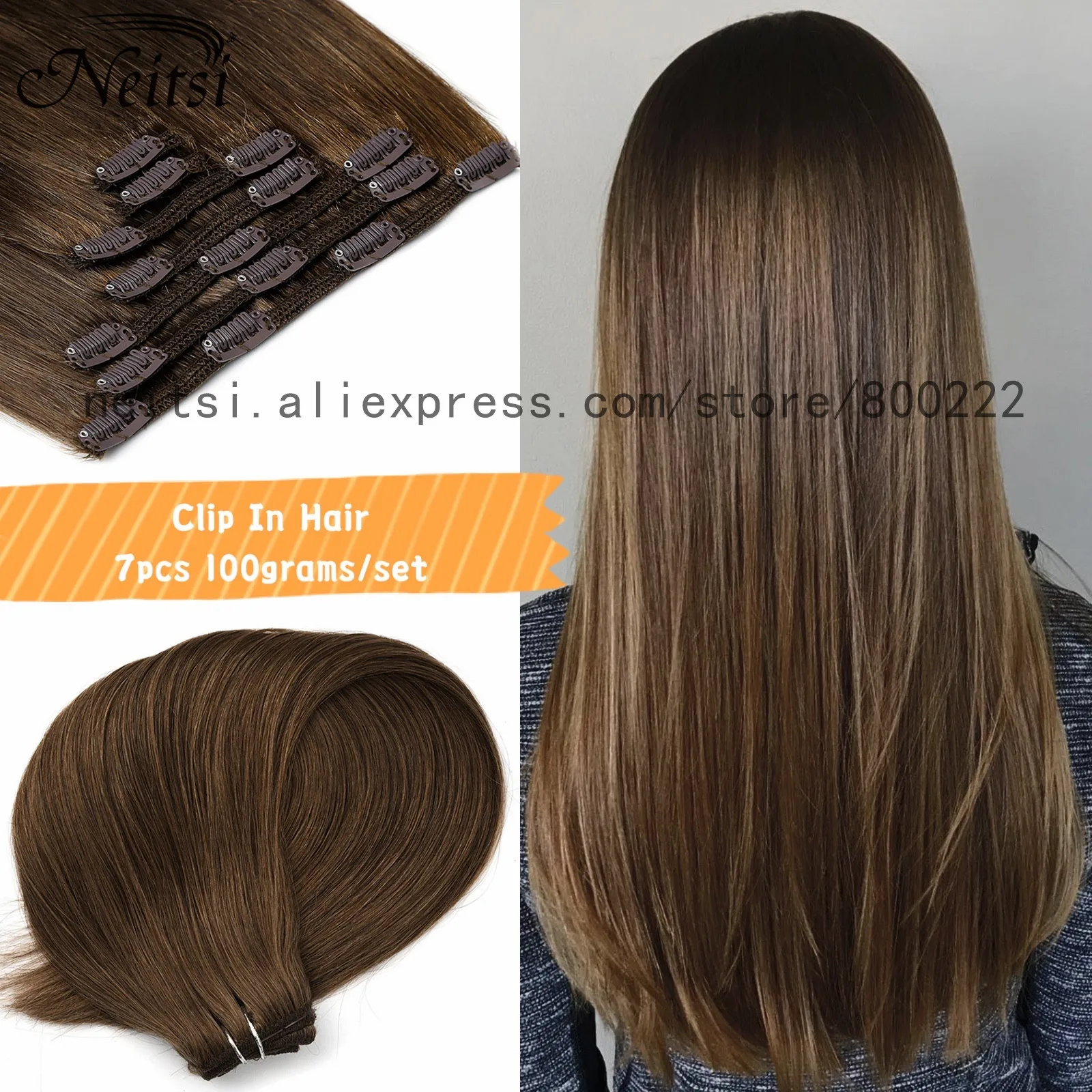 Human-Hair-Extensions Neitsi-Machine Clip-In Remy Full-Head Black 100g 7pcs 20-24-Blonde-Color