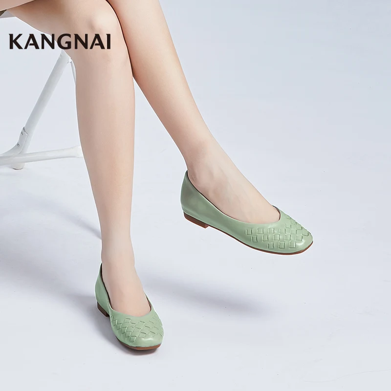 KANGNAI Women Shoes Genuine Leather Fashion Comfortable Square Toe Shallow Flats