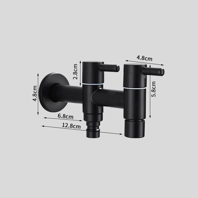 304 Stainless Steel Black Washing Machine Faucet 1in 2 out Double Bibcock Outdoor Garden Washing Machine Mop Tap