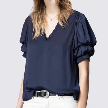 

Women's Blouse 2020 New Summer Puff Short Sleeve Frill Trim V-neck Soft Casual Loose Lady Shirt And Top Wild Stylish Clothes