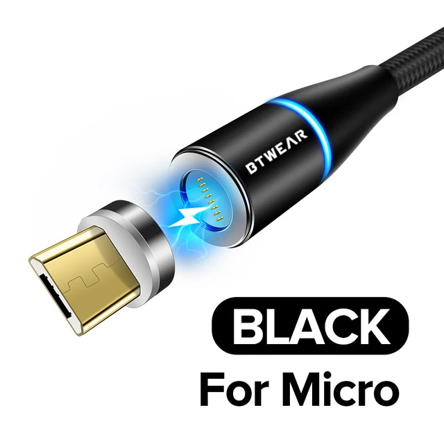 BTwear Магнитный usb-кабель для зарядки 3,3 фута/1 м с разъемами Micro usb type C IOS 3 в 1 зарядный кабель-адаптер для iPhone huawei - Цвет: Micro USB-Black