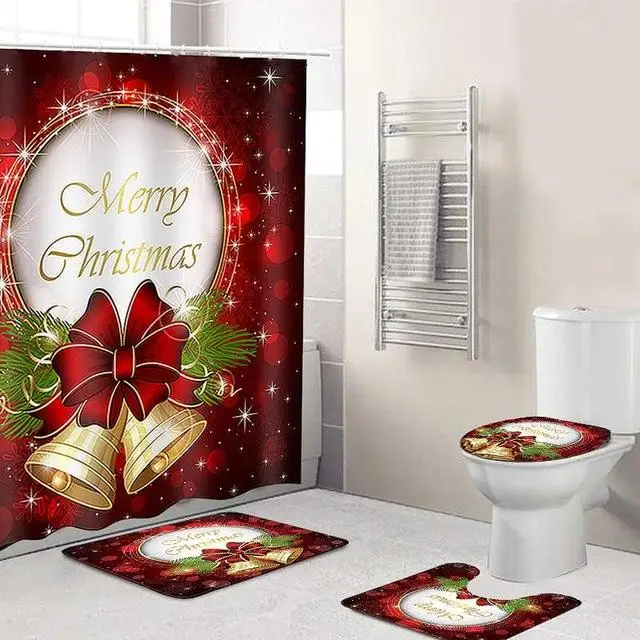 04 Set Merry Christmas набор для ванной Снеговик Дед Мороз Санта колокольчик лося узор водонепроницаемый Душ шторы Туалет крышка коврик нескользящий ковер - Цвет: 04 Set