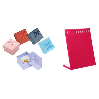 

5PCS Paper Package Bowknot Jewelry Box Style-2 Square (3.5X3.5cm) & 1X 11 Hooks Velvet Jewelry Rack
