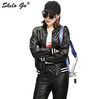 

Genuine Leather Jacket Casual O Neck Black Loose Sheepskin Coat Women Autumn Winter Solid Plus Size Zip Baseball Outwear Female