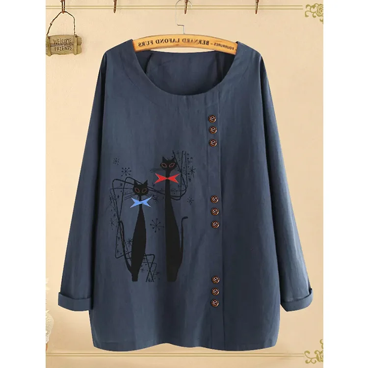Harajuku футболка ropa mujer с длинным рукавом Осень мультфильм кошки заготовки пуговиц Хлопок Лен Повседневная футболка женская одежда Большие размеры - Цвет: Тёмно-синий