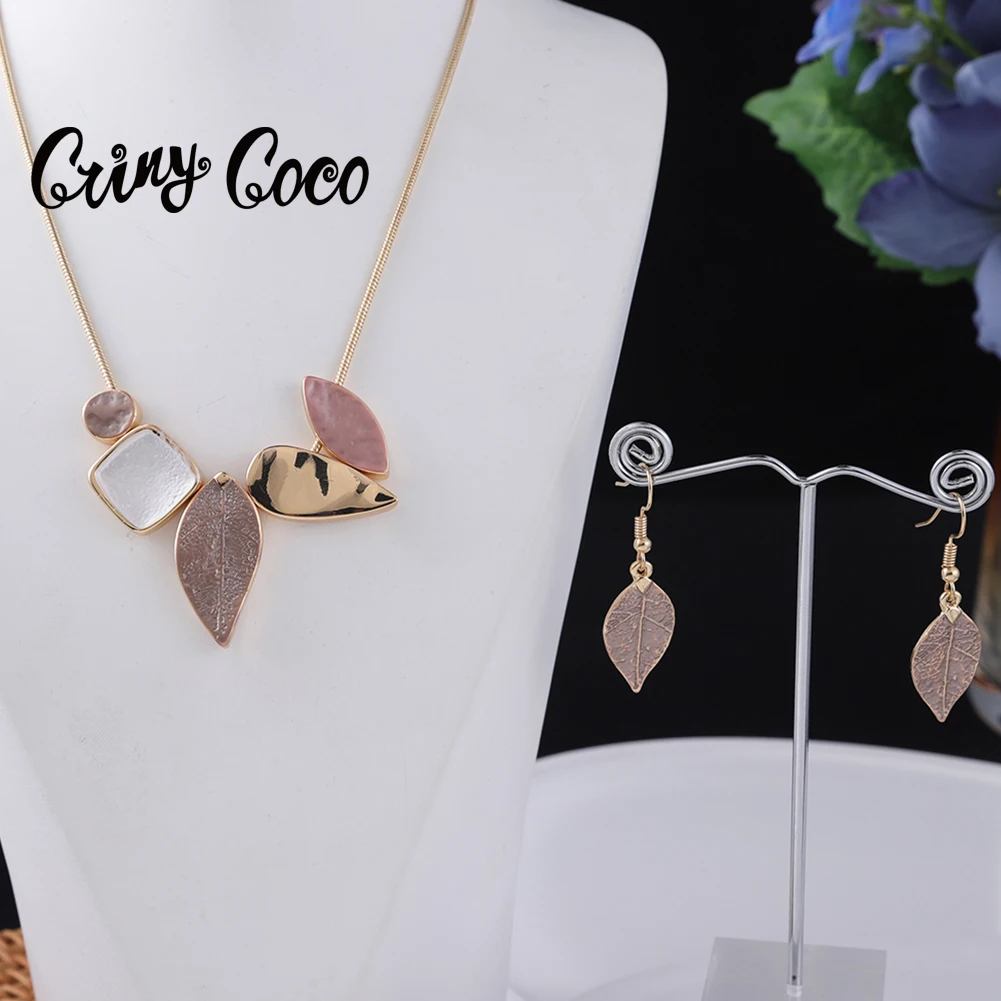 Cring Coco Women's Pendant Necklace Set Fashion Enamel Leaf Chian Necklaces  Women 2021 Trend Silver Color Jewelry Sets Party