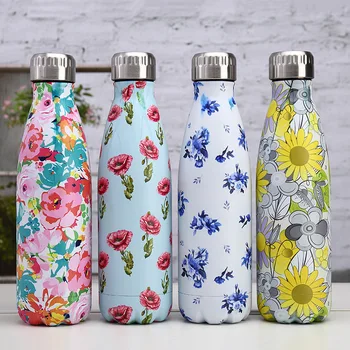 

500ML New Design Flower Pattern Stainless Steel Vacuum Sports Thermos Flasks Beer Bottle Shape Colar Water Bottles
