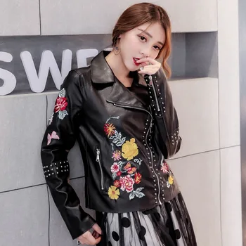 

Women Floral Embroidery Faux Soft Leather Jacket Coat Turn-down Collar Casual Pu Motorcycle Black Punk Outerwear LT715S30