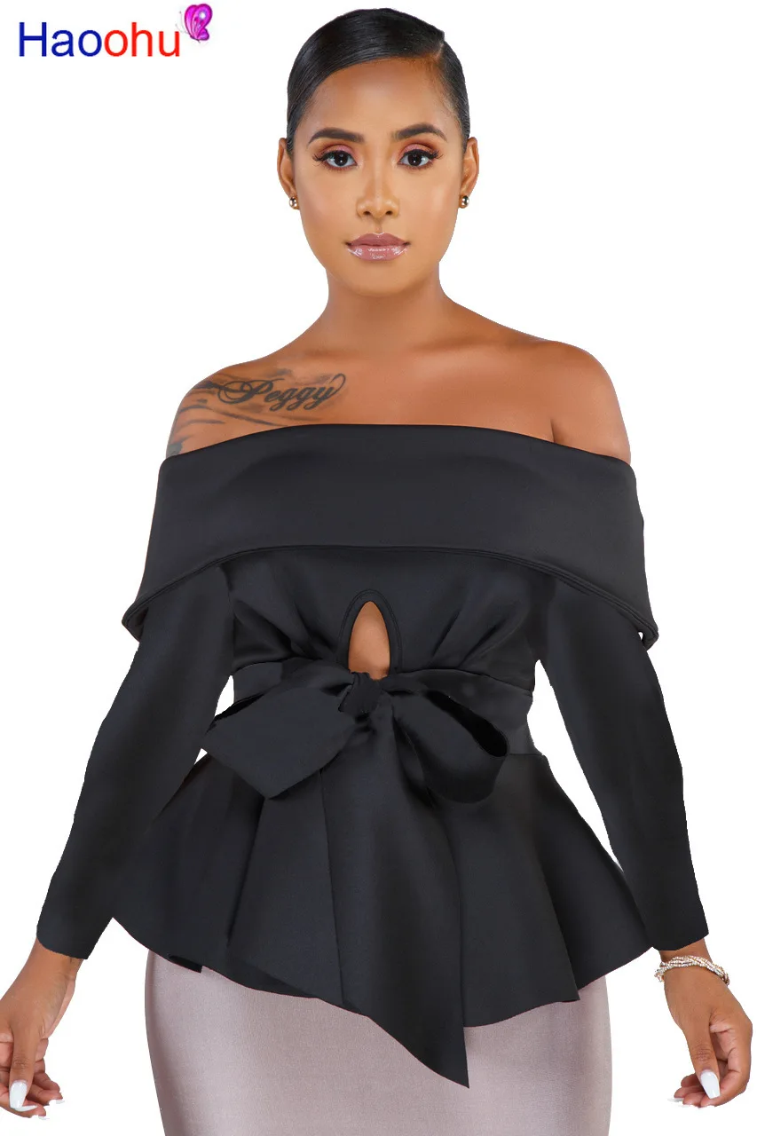

Off The Shoulder Tie Bow Sexy T Shirt Women Backless Long Sleeve Slim Autumn Tops Causal Solid Ruffles Cut Out Shirts