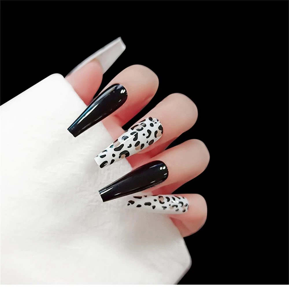 24Pcs/Box Long Coffin False Nail Elegant Shiny Fluorescent Flame Leopard  Print French Fake Nails Air Tips Manicure Decoration|False Nails| -  AliExpress