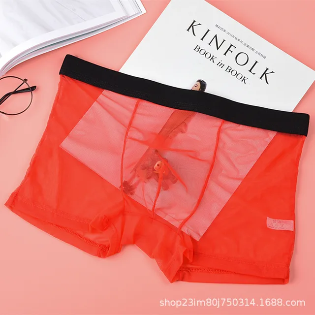 Men's Underwear Sexy Lace Ultra Thin Mesh Full Transparent Air Traceless Ice Comfortable Boxer Shorts red