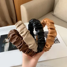 

Soft PU Leather Headband Vintage Solid Color Hairband Wide Head Hoop Ruched Pleated Hair Hoop For Women Girls Hair Accessories