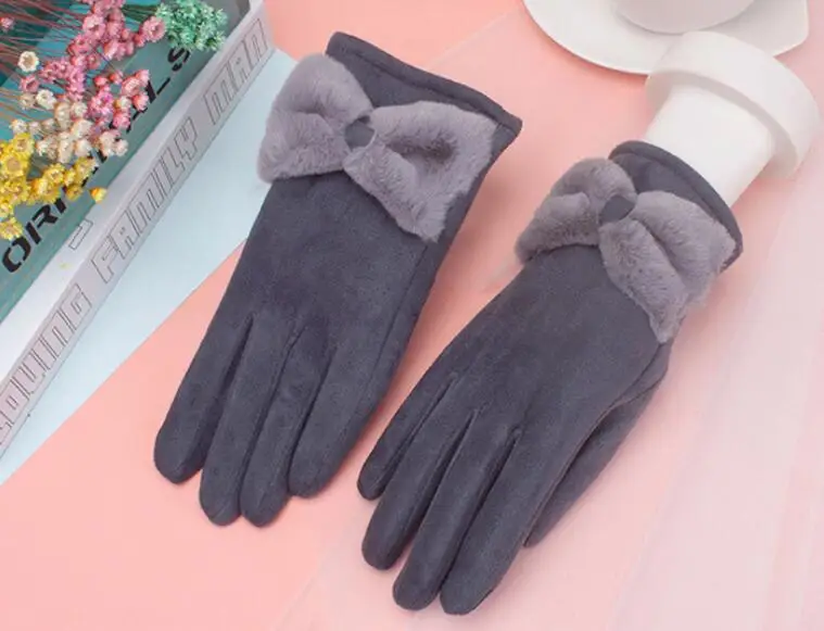 YRRETY зимние теплые женские модные перчатки, толстые перчатки для вождения с сенсорным экраном, одноцветные эластичные перчатки с бантом - Цвет: New 3 Gray