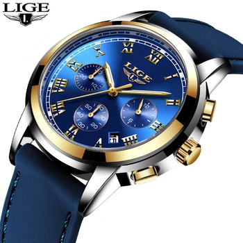 

LIGE New Men Watch Top Brand Blue Strap Chronograph Waterproof Sport Automatic Date Quartz Watches For Mens Relogio Masculino