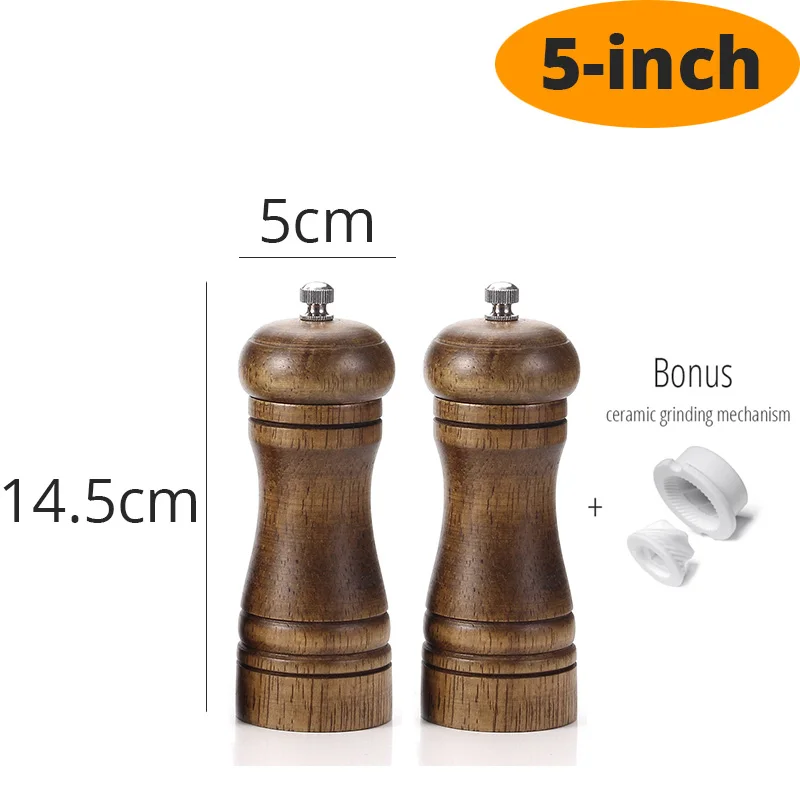 5 inch X 2 Мельница для соли и перца, деревянные мельницы для перца с сильной регулируемой Керамической мельницей с запасным керамическим ротором-кухонные аксессуары - Цвет: 5 inch X 2