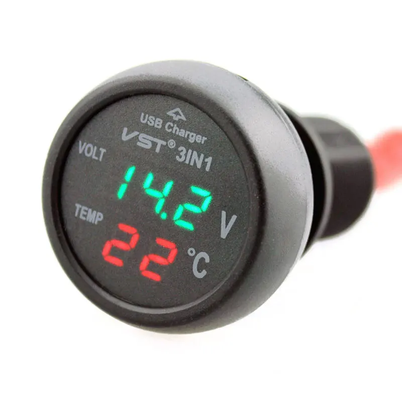 3in1 Цифровой вольтметр-Термометр 12/24V прикуривателя USB Автомобильное зарядное устройство Зарядное устройство