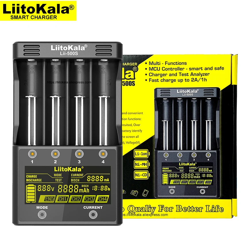 Умное устройство для зарядки никель-металлогидридных аккумуляторов от компании Liitokala: Lii-S2 Lii-500S ЖК-дисплей Батарея Зарядное устройство, Зарядка 18650 3,7 V 18350 26650 18350 зарядное устройство для никель-металл-гидридных и литиевых аккумуляторов, smart 18650 Зарядное устройство