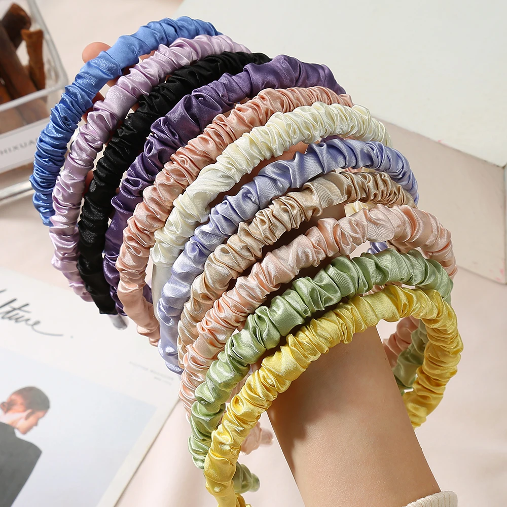 1,4 cm Satin Plissee Stirnbänder Mädchen Dünne DIY Haarband Einfarbig Kunststoff Haar Hoop für Frauen Vintage rutschfeste Haar Zubehör