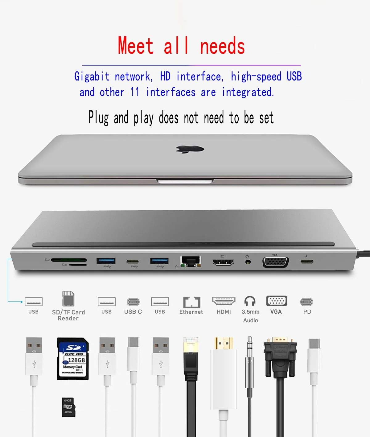 

ype-C dock 11 in 1 multifunction hub usb3.1 hub notebook external with HDMI VGA RJ45 Ethernet , card reade,with PD charging