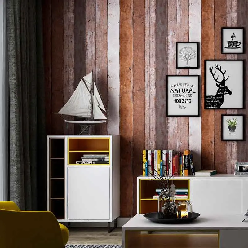 

American Retro Color Wood Grain Wallpapers Personality Bar Restaurant Clothing Store Vertical Stripes Wall Papers Home Decor