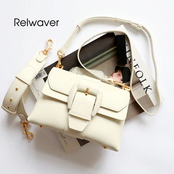

Relwaver women messenger bags genuine leather small buckle flap bag fashion chic stylish womne's shoulder bag wide strap handbag
