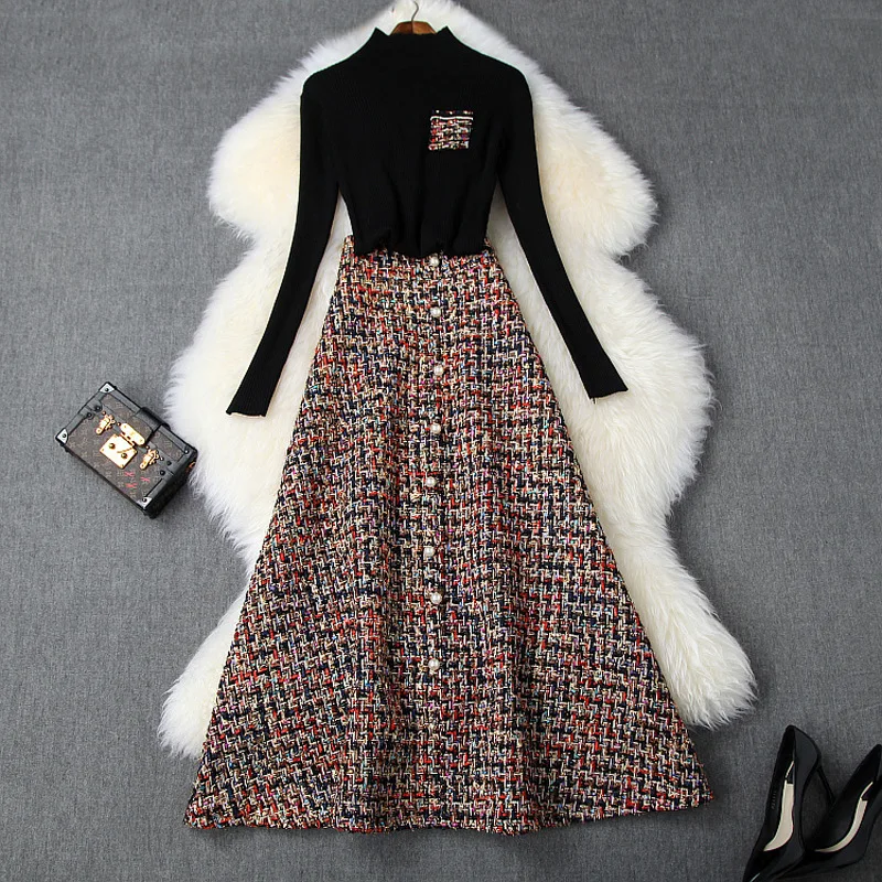 

Exquisite Women's Skirt Suits Autumn Winter Half-High Collar Slim Knitted Sweater + Tweed Large Pendulum Skirt Sets Female